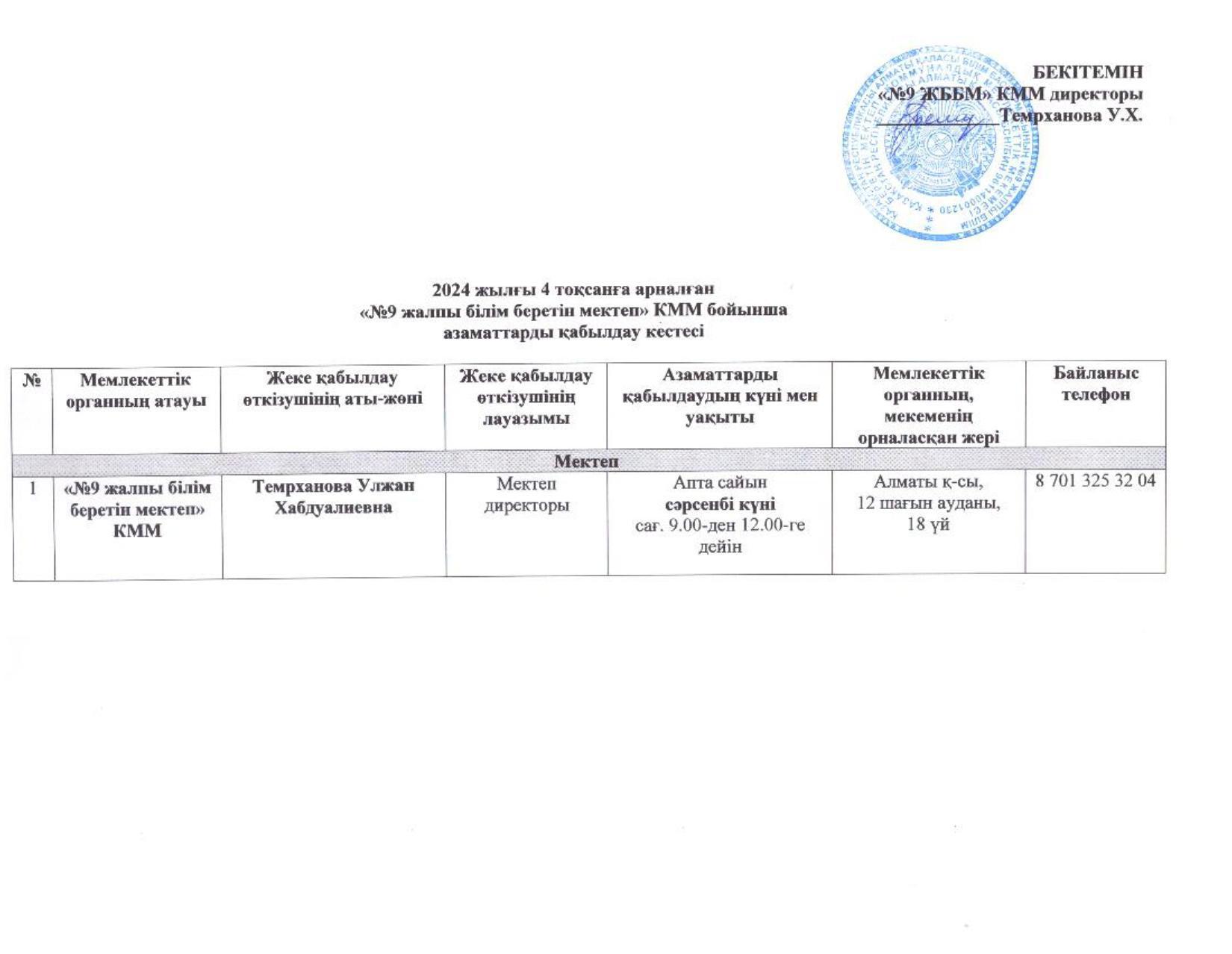 График приема граждан на 2024 год/2024 жылға арналған азаматтарды қабылдау кестесі